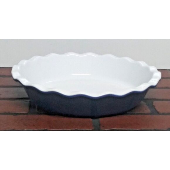 VTG Emile Henry Souffle Baking Dish France Blue Round Ruffled Scalloped Edge EUC - Picture 2 of 8
